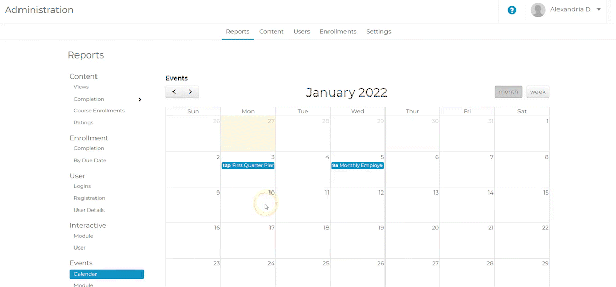 Event calendar view for canceling a users RSVP- Report tab, event section, calendar subsection