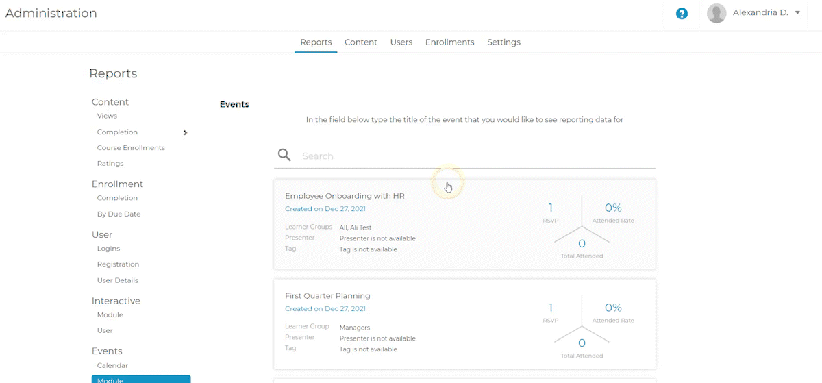 Event module view for canceling a users RSVP. Reporting tab, Event section, module subsection