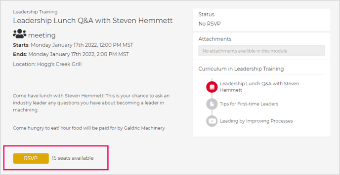 Number of seats remaining for the event are at the bottom of the module page