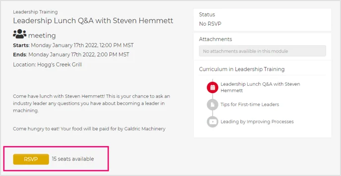 Number of seats remaining for the event are at the bottom of the module page